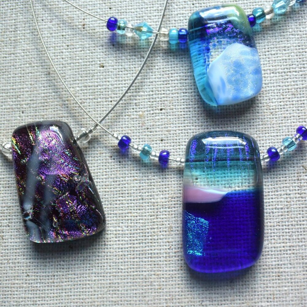 3 Dichroic Fused Glass Pendant Choker Necklaces Handcrafted